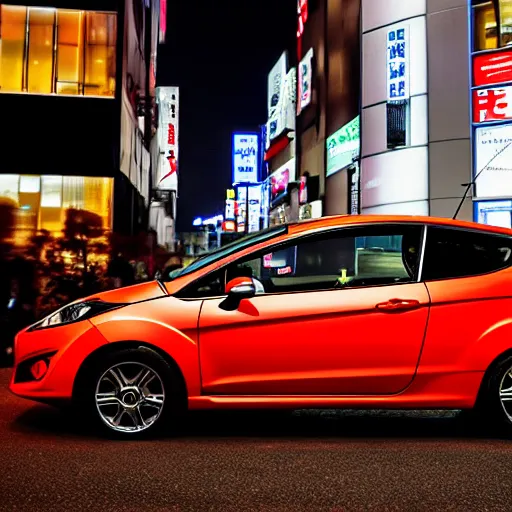 Image similar to red ford fiesta mk 5 zetec in shibuya tokyo, award winning photograph, night time