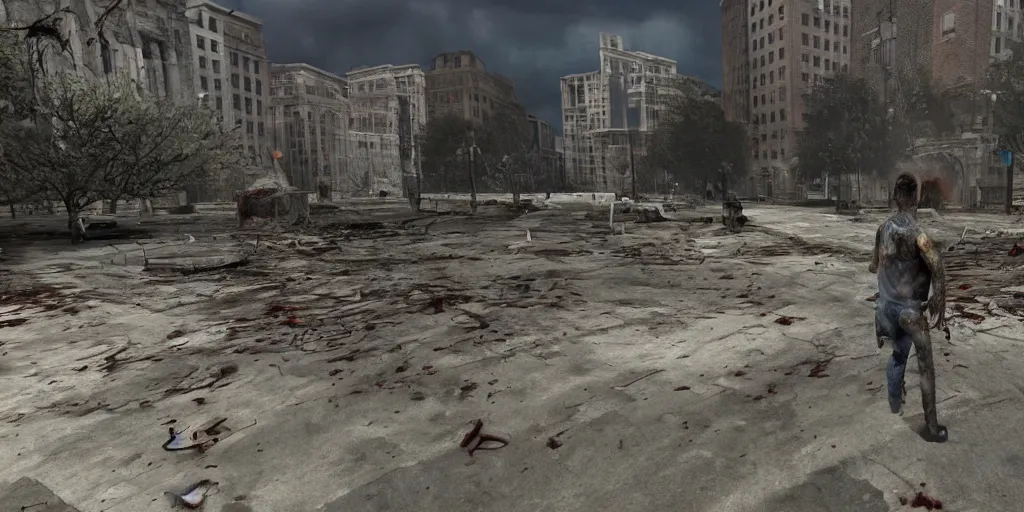 Image similar to zombie apocalypse, Chicago in ruins, sharpen, UHD, RTX, Ray tracing
