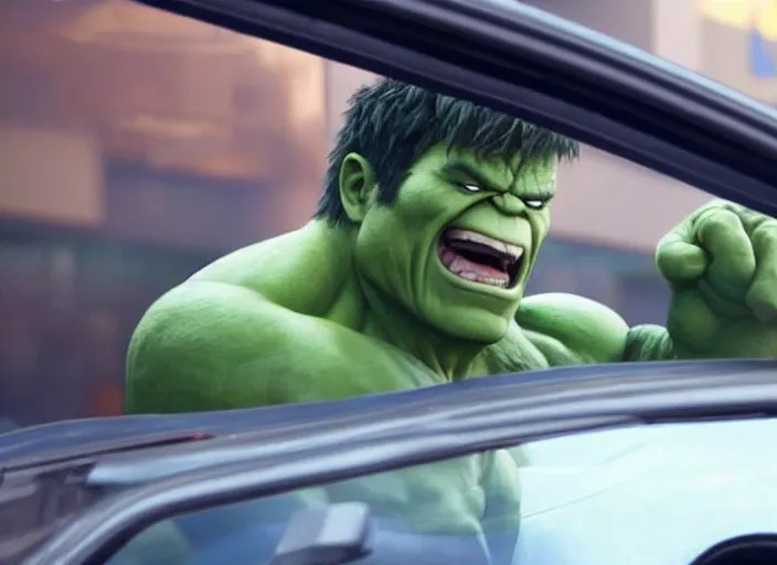 Prompt: film still of hulk working at mcdonalds drive through in the new avengers movie, 4 k