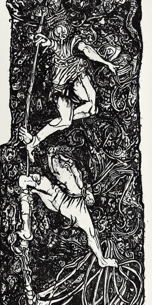 Image similar to The Fool, tarot, black and white ink wash, Sam Webber