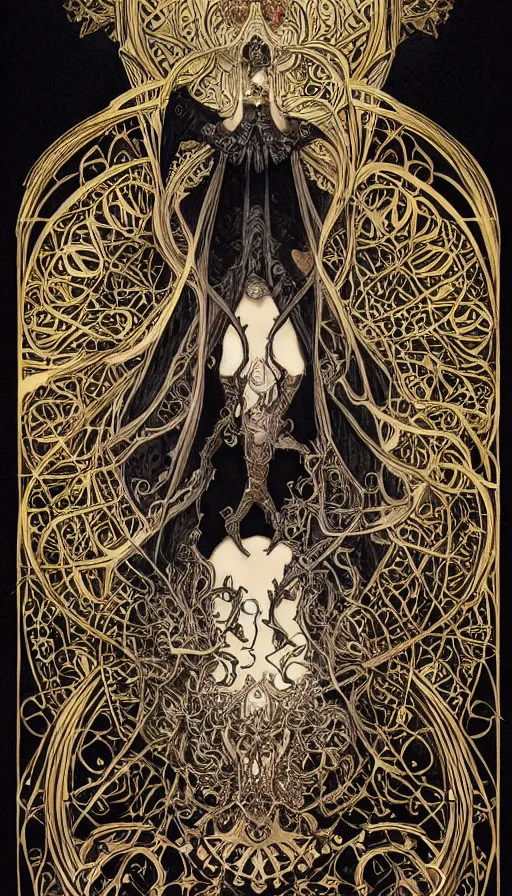 Image similar to a skeleton in a black cloak, highly detailed, very intricate, art nouveau, gold filigree, left right symmetry, tarot concept art watercolor illustration by mandy jurgens and alphonse mucha and alena aenami, featured on artstation