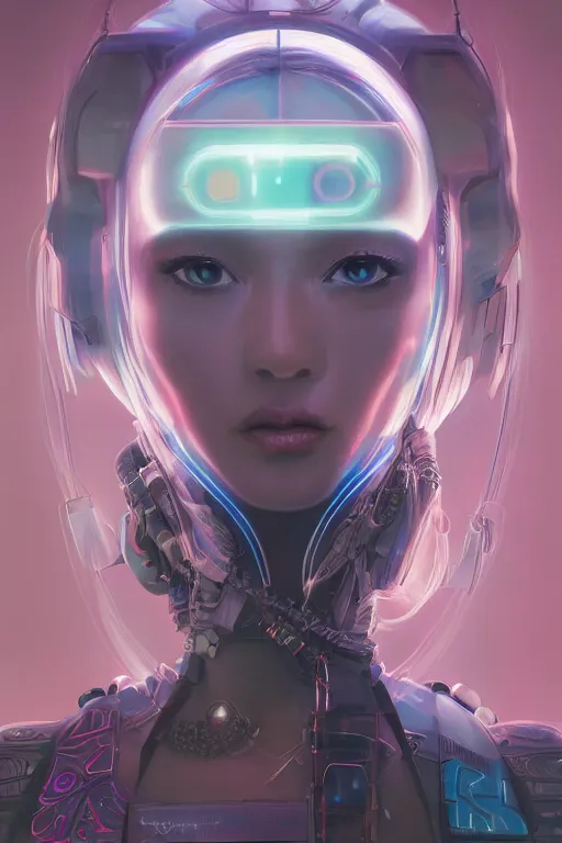 Image similar to portrait futuristic Cyber warrior Girl, in future cyberpunk tokyo rooftop , ssci-fi, fantasy, intricate, very very beautiful, elegant, neon light, highly detailed, digital painting, artstation, concept art, smooth, sharp focus, illustration, art by WLOP and tian zi and alphonse mucha