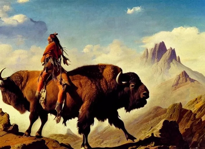 Image similar to native american riding bison, buffalo, native american warrior, mountain range, beautiful sky, standing on the edge of a cliff, 1 9 th century, painted by frazetta