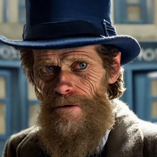 Image similar to willem dafoe as a rough dirty old man with a scruffy beard in a dark blue trenchcoat as the new doctor who, cinematic, volumetric lighting, f 8 aperture, cinematic eastman 5 3 8 4 film, photorealistic