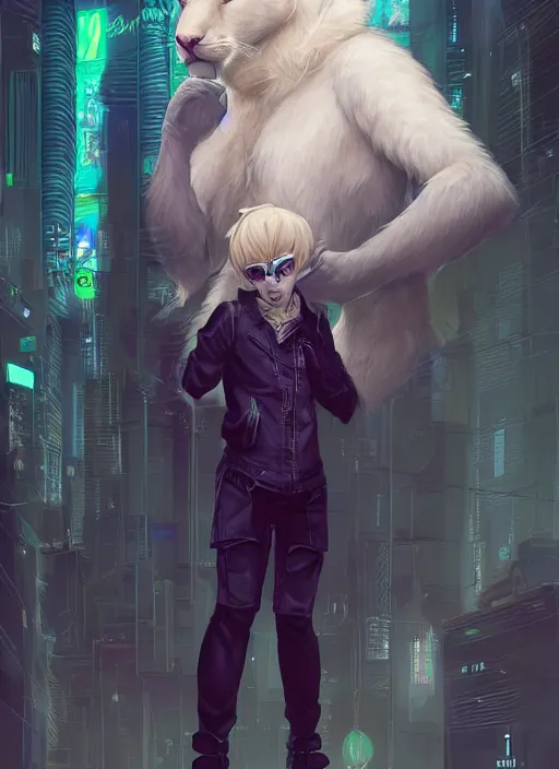 Image similar to award winning beautiful portrait commission of a male furry anthro albino mountain lion fursona with a tail and a cute beautiful attractive detailed furry face wearing stylish cyberpunk clothes in a cyberpunk city at night while it rains. Vaporwave. Character design by charlie bowater, ross tran, artgerm, and makoto shinkai, detailed, inked, western comic book art