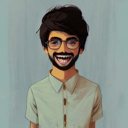 Prompt: indian guy with messy hair looking sidways, muted colors, matte print, pastel colors, ornate, digital art, cute smile, digital painting, fan art, elegant, pixiv, by Ilya Kuvshinov, by Studio Ghibli