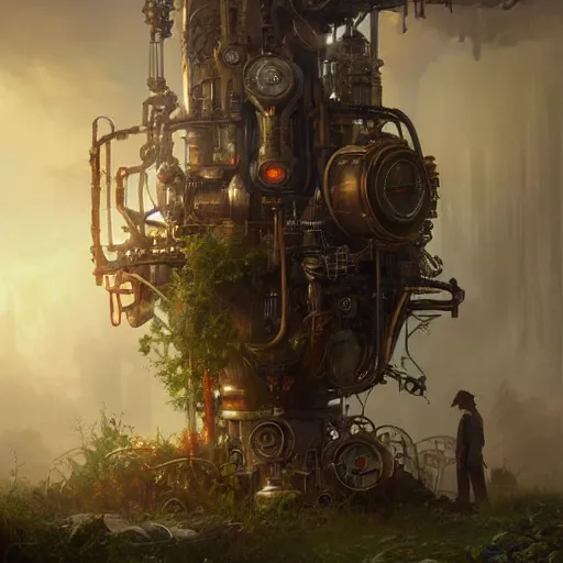 Prompt: a ultradetailed beautiful concept art of the core of a steampunk machine where vegetation have start to peacefully grow, dramatic lighting, dynamic lighting, cinematic lighting, concept art, high resolution 4 k, by tom bagshaw, greg rutkowski, charli bowater and artgeem