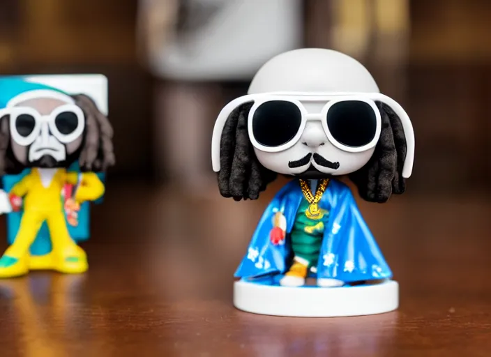 Image similar to product still of Snoop Dogg funko pop with box, 85mm f1.8