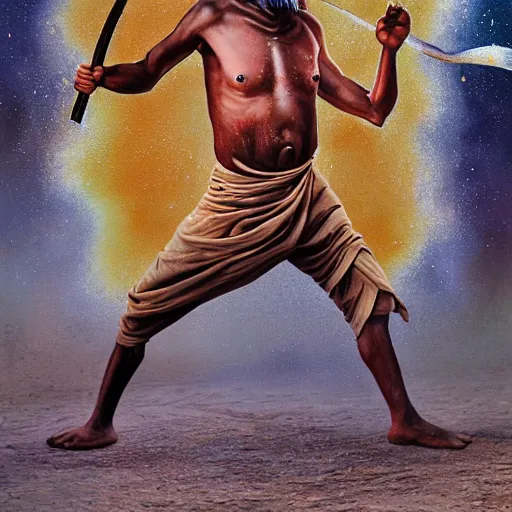 Image similar to portrait of head and body, single bangla farmer fighting on hoseback, hand to hand combat with machete, wielding machete, wearing a long lungi, full body view, long flowing hair, fighting for his life, nebula aura surrounding subject, hellscape, nestor canavarro art style, hyperrealist art style, sharp outlines