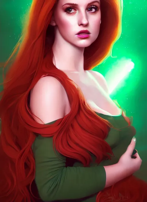 Image similar to full body portrait of teenage cheryl blossom, bangs, green eyes, mischievous expression, red hair, sultry smirk, bangs and wavy hair, intricate, elegant, glowing lights, highly detailed, digital painting, artstation, concept art, smooth, sharp focus, illustration, art by wlop, mars ravelo and greg rutkowski