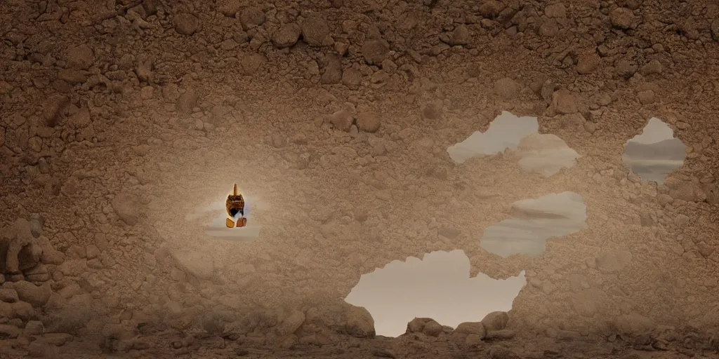 Prompt: levitating ghost grey silhouette with full - face golden mask in a dry rocky desert landscape, visible sky and sunny atmosphere, floating stones, flying stones, fata morgana and giant square mirrors by alejandro jodorowsky, anamorphic lens, kodakchrome, practical effects, masterpiece, 8 k