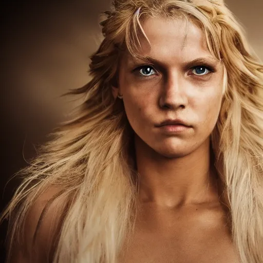 Prompt: angelic legendary blond female warrior, shallow depth of field, moody lighting, 8 k, concept art, 2 0 mm lens,