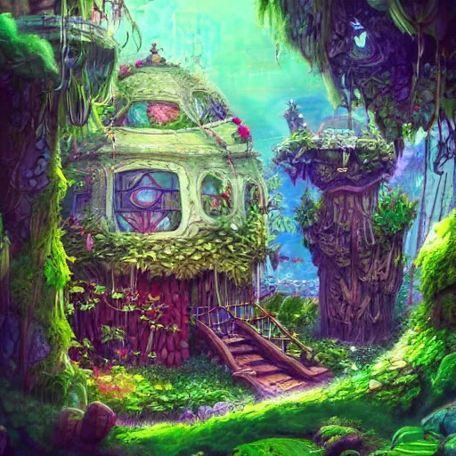 Prompt: a plant house in a fantasy landscape, artstation trend, hdr, fantasy art, vivid colors, alice in wonderland style