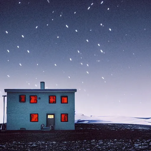 Image similar to an 8 0 s era house in antarctica at night