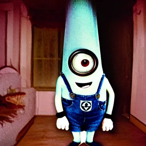 Image similar to realistic photograph of a creepy evil minion, if it were a real person, accidentally caught on camera in a old house, in the 8 0's