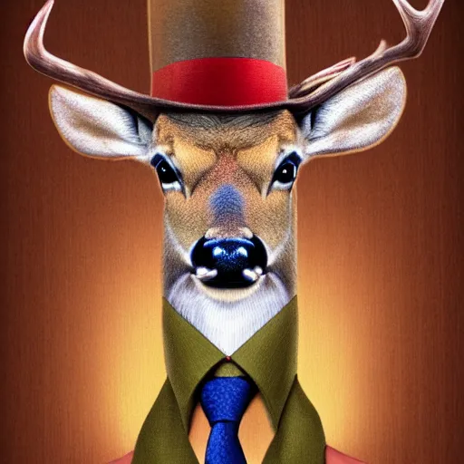 Image similar to a upper body portrait of a deer in a pinstriped suit and pants wearing a fedora with the antlers sticking out of the fedora by artgerm and wlop, human hands adjusting the tie, intricate detail, digital art, photorealistic, trending on artstation