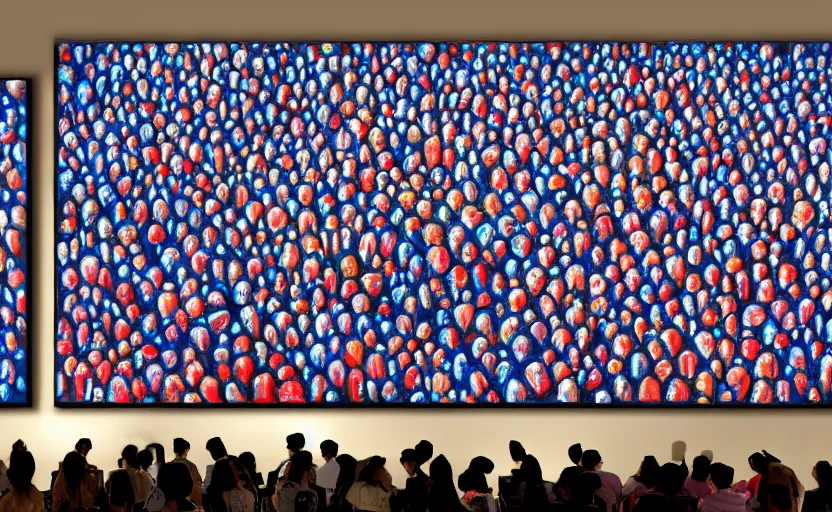 Prompt: a painting of hundreds of people sitting down being brainwashed by a giant crt television