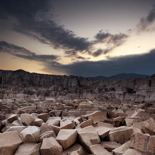 Prompt: huge deep stone quarry landscape bottom-up view of dirty stones in a quarry of different fractions in the evening light ultra detailed by Emmanuel Lubezki, golden hour, atmospheric lighting, 8k resolution, best color graded, vray beautiful, hyper-realistic render W 1920 H 1080