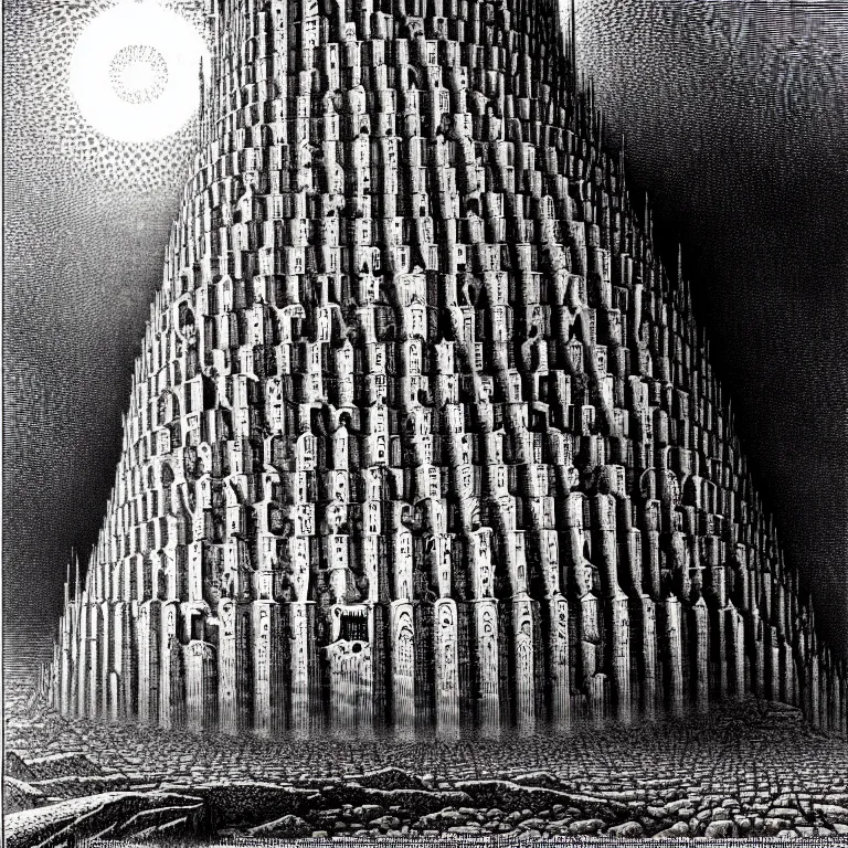 Image similar to the tower of babel. extremely high details, perfect face, black and white, masterpiece, magnum opus engraving by gustave dore, jean giraud, philippe druillet