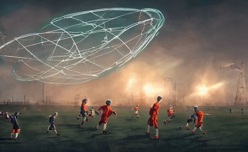 Image similar to young boys playing football and a spiral - shaped white luminous attractor is floating on the horizon in soviet city, concept art, art for the game, professional lighting, art by jehronym bosch