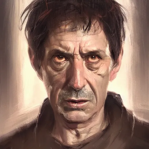 Prompt: Portrait of a man by Greg Rutkowski, he is about 60 years old, short black hair with bangs, his features are a mix between French, Turkish and Russian, expression of contempt, sorrow and resignation, he is wearing a futuristic tactical gear, highly detailed portrait, digital painting, artstation, concept art, smooth, sharp foccus ilustration, Artstation HQ.