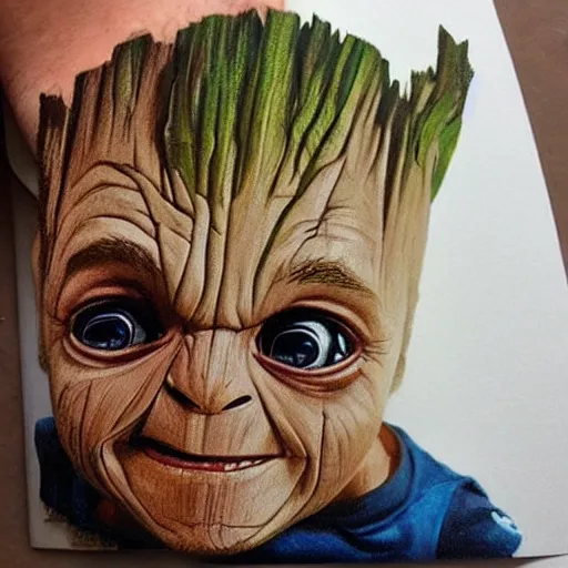 Image similar to very very cute portrait of baby Groot with the face of Nathan Fillion by Sandra Chevrier