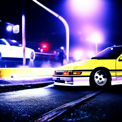 Image similar to a car 90's JDM turbo at illegal car meet, Saitama prefecture, city midnight mist lights, cinematic color, photorealistic, highly detailed, 200MM