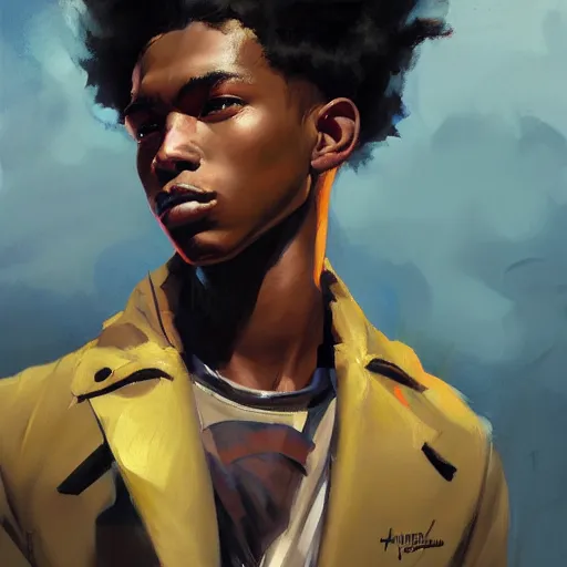 Image similar to Greg Manchess portrait painting of an afropunk male teenager 16 years old character, medium shot, athletic, asymmetrical, profile picture, Organic Painting, rainy and dramatic street light, matte painting, bold shapes, hard edges, street art, trending on artstation, by Huang Guangjian and Gil Elvgren and Sachin Teng