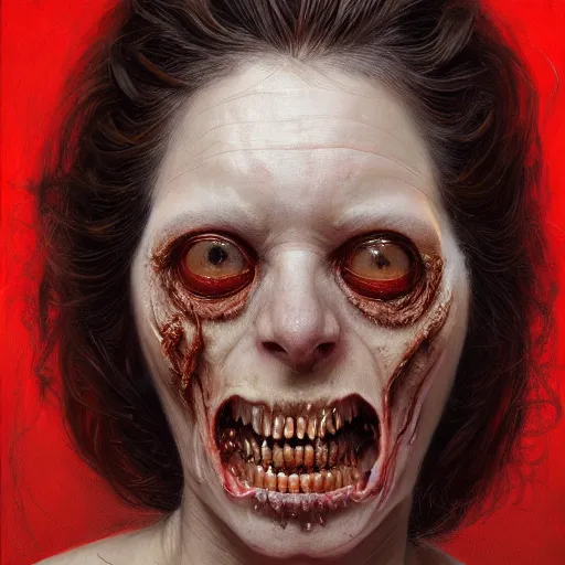 Image similar to a portrait of margarita simonyan, flesh eating worms, macabre, horror saw teeth, horror rotten teeth, peeling face skin, by donato giancola and greg rutkowski and wayne barlow and zdzisław beksinski, realistic face, visible face, digital art, artstation, symmetry