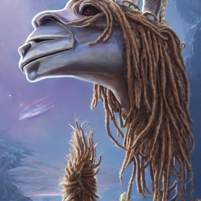 Image similar to llama with dreadlocks, industrial sci-fi, by Mandy Jurgens, Ernst Haeckel, James Jean