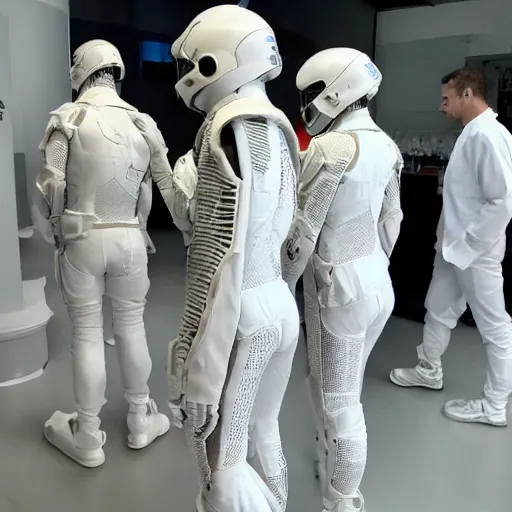 Image similar to love, diverse white cybersuits, from behind, connection rituals, wide wide angle, vivid, elaborate, highly detailed, beautiful lighting