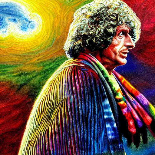 Prompt: tom baker using his scarf to fly, psychedelic, clouds, 4 k, intricate high details, sharp, 1 9 7 7, photo realistic, matt finish, realistic shadows, psychedelic