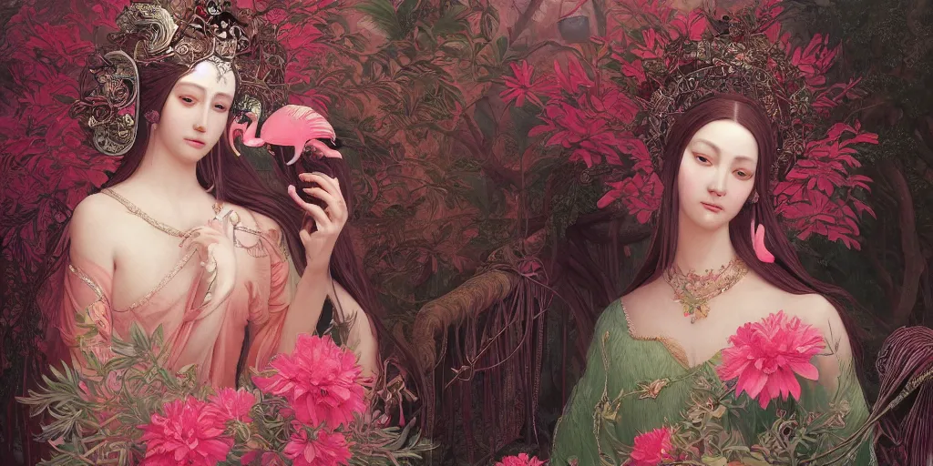 Image similar to breathtaking detailed concept art painting of the goddess of flamingo, orthodox saint, with anxious, piercing eyes, ornate background, amalgamation of leaves and flowers, by Hsiao-Ron Cheng and John James Audubon, extremely moody lighting, 8K