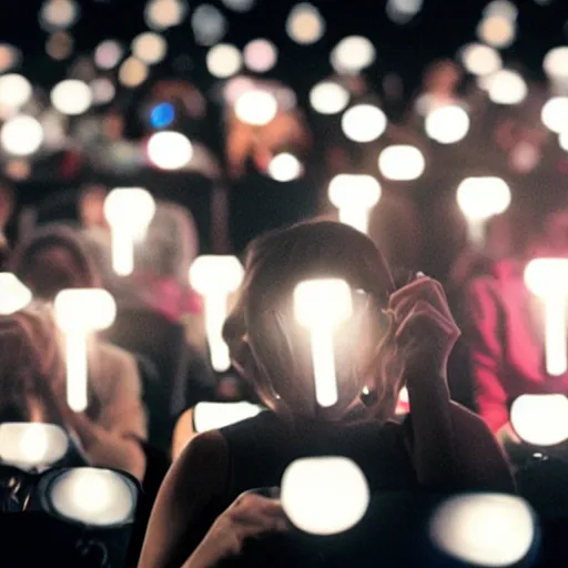 Image similar to people in a very dark movie theatre playing on their cellphones, faces illuminated by cellphone light