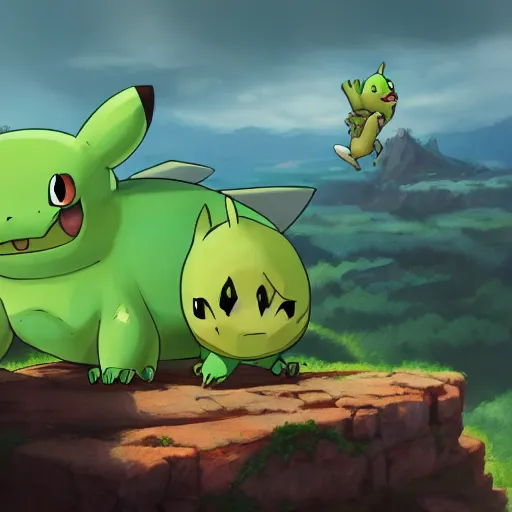 Prompt: Cinematic view of bulbasaur fighting with pikachu on a cliff, hyperdetailed, artstation, fury