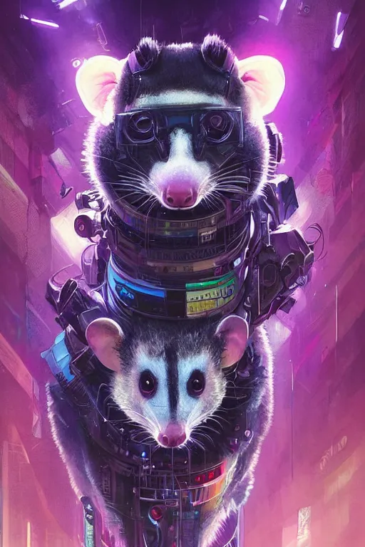 Image similar to a beautiful portrait of a cute cyberpunk opossum by sandra chevrier and greg rutkowski and wlop, purple blue color scheme, high key lighting, volumetric light, digital art, highly detailed, fine detail, intricate, ornate, complex, octane render, unreal engine, photorealistic