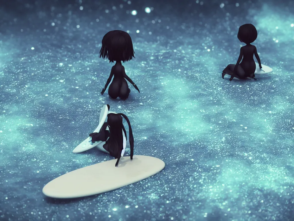 Image similar to cute fumo plush gothic maiden alien girl sitting on a surfboard in the waves of the dark galactic abyss, ocean waves and reflective splashing water, vignette, vray