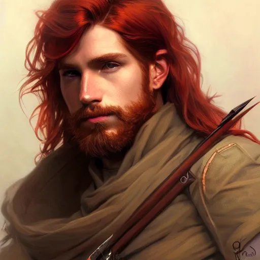 Image similar to portrait of a young curious ranger, male, masculine, upper body, red hair, long hair, soft hair, D&D, fantasy, intricate, elegant, highly detailed, digital painting, artstation, concept art, matte, sharp focus, illustration, art by Artgerm and Greg Rutkowski and Alphonse Mucha