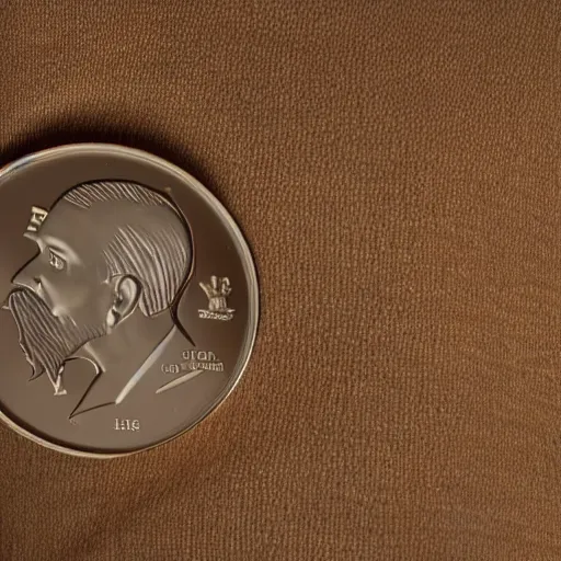 Prompt: A photograph of an unwrapped chocolate coin that is engraved with a young bearded leon redbone smoking a cigar and wearing a greek fisherman's cap, highly detailed, close-up product photo, depth of field, sharp focus, soft lighting