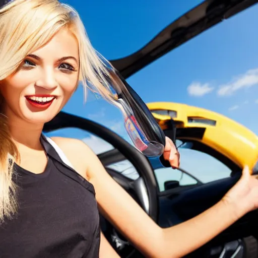Image similar to petrol station expensive fuel blonde woman nice car cartoon style sunny weather wide shot surprised expression decent clothes valvoline gas