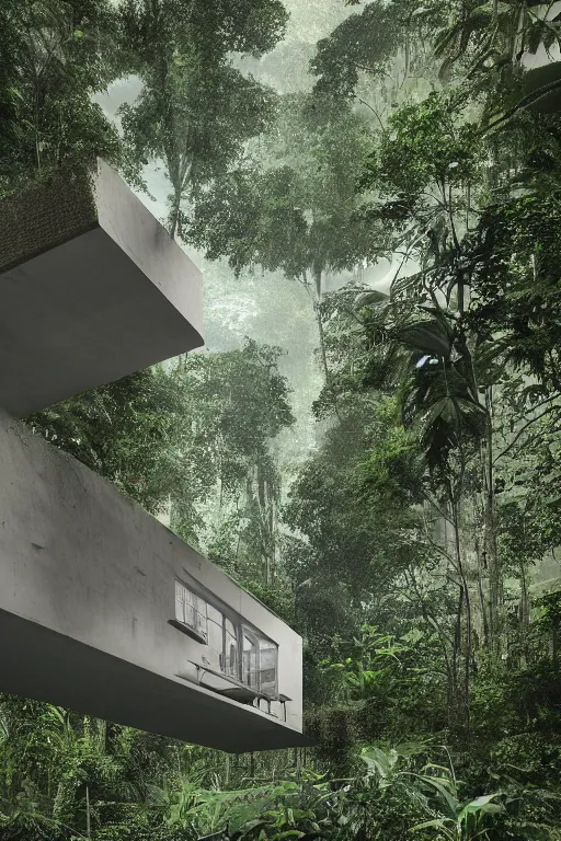 Image similar to architecture inspired by le corbusier in the rainforest. nature is taking over. upside down. metabolism. matte painting. octane render. hdr. volumetric lighting. global illumination. atmospheric.