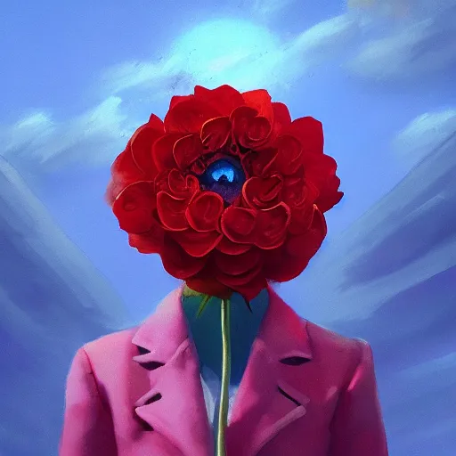 Prompt: closeup, giant rose flower head, portrait, girl with suit, surreal photography, sunrise, blue sky, dramatic light, impressionist painting, digital painting, artstation, simon stalenhag