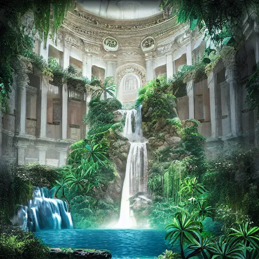 Image similar to a old Marble palace with plants and waterfalls,retrowave art,digital art