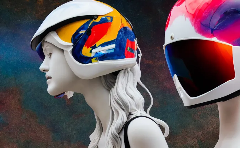 Image similar to extremely beautiful photo of a white marble statue of a girl with colorful motocross logos and motorcycle helmet with closed visor, colorful smoke in the background, carved marble statue, symmetrical, vogue, fine art, neon genesis evangelion, virgil abloh, offwhite, denoise, highly detailed, 8 k, hyperreal
