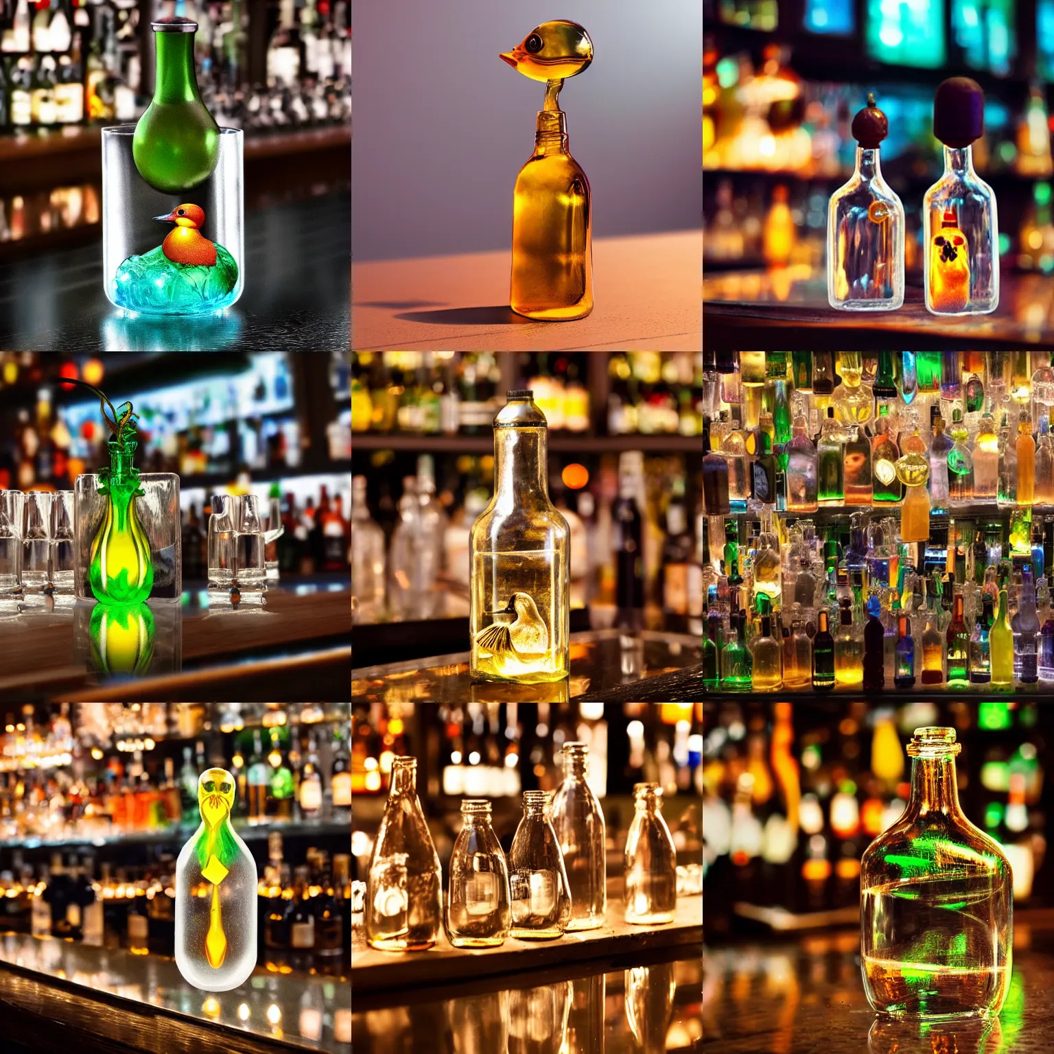 Prompt: real photo of a transparent bottle duck made of glass in a crowded bar, fantasy, trending on artstation