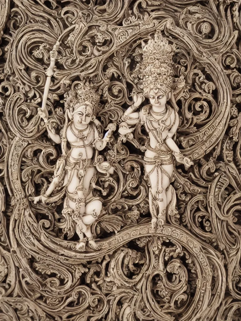 Prompt: beautiful decorative ornament with the goddess kali, decorative design, classical ornament, bilateral symmetry, symmetrical, highly detailed etching, marble carving