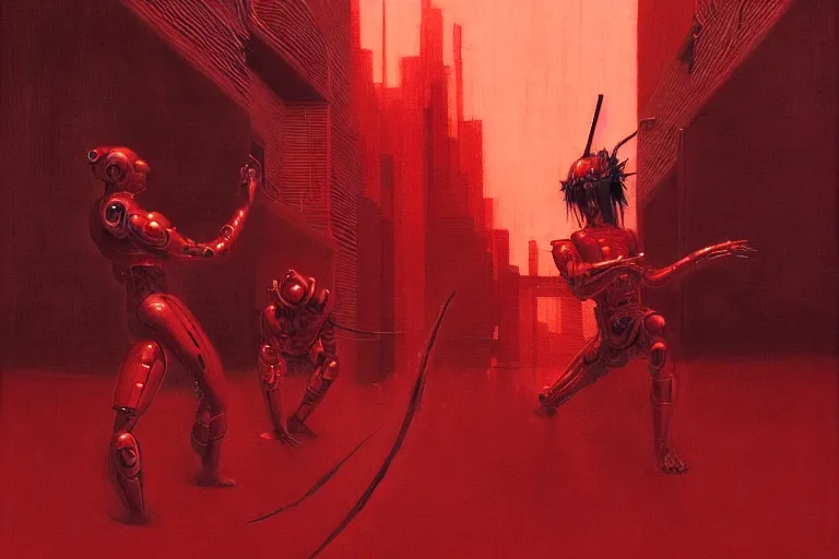 Image similar to only with red, a red cyborg samurai, tokio futuristic in background, some evil yokai fight, in the style of beksinski, parts by edward hopper, parts by rodcenko, parts by yue minjun, intricate and epic composition, red by caravaggio, insanely quality, highly detailed, masterpiece, red light, artstation, 4 k