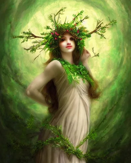 Image similar to the goddess of spring, with a wreath on her head and a green gauze skirt, dreamy, beautiful, by wlop