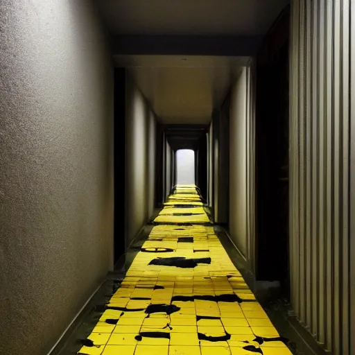 Image similar to an yellow endless hallway with dark shallow water at the bottem of it, liminal, highly detailed,