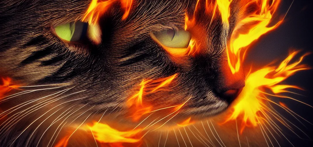 Prompt: a cat breathing fire, portrait and veins and translucent and hyperrealistic and ultra - detailed, bloom, glow, reflection, refraction, matte, glossy, smooth, emissive material